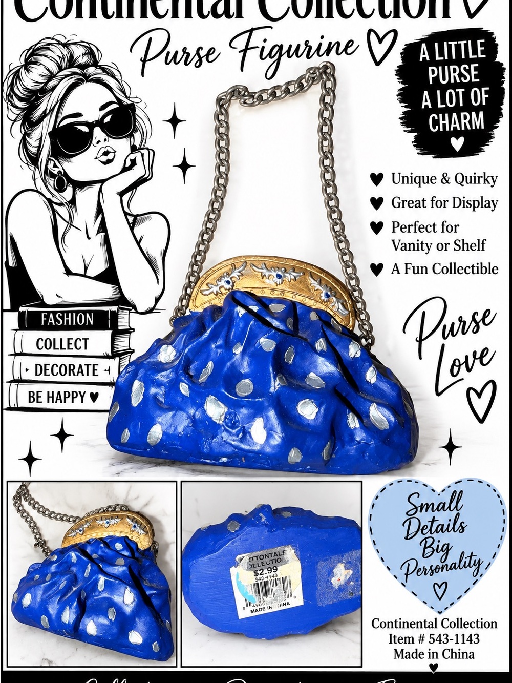 Continental Collection Blue Purse Figurine Mini Handbag Chain Trinket Decor